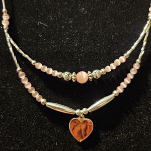 HEART NECKLACE with SILVERTONE & PINK BEADS. Women's Girl's NWOT